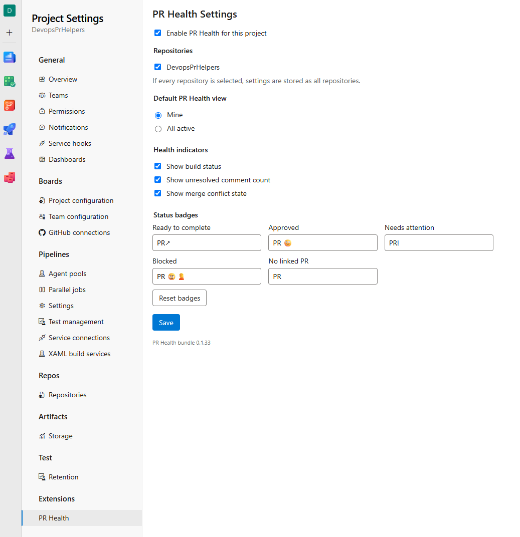 Project Settings for PR Health