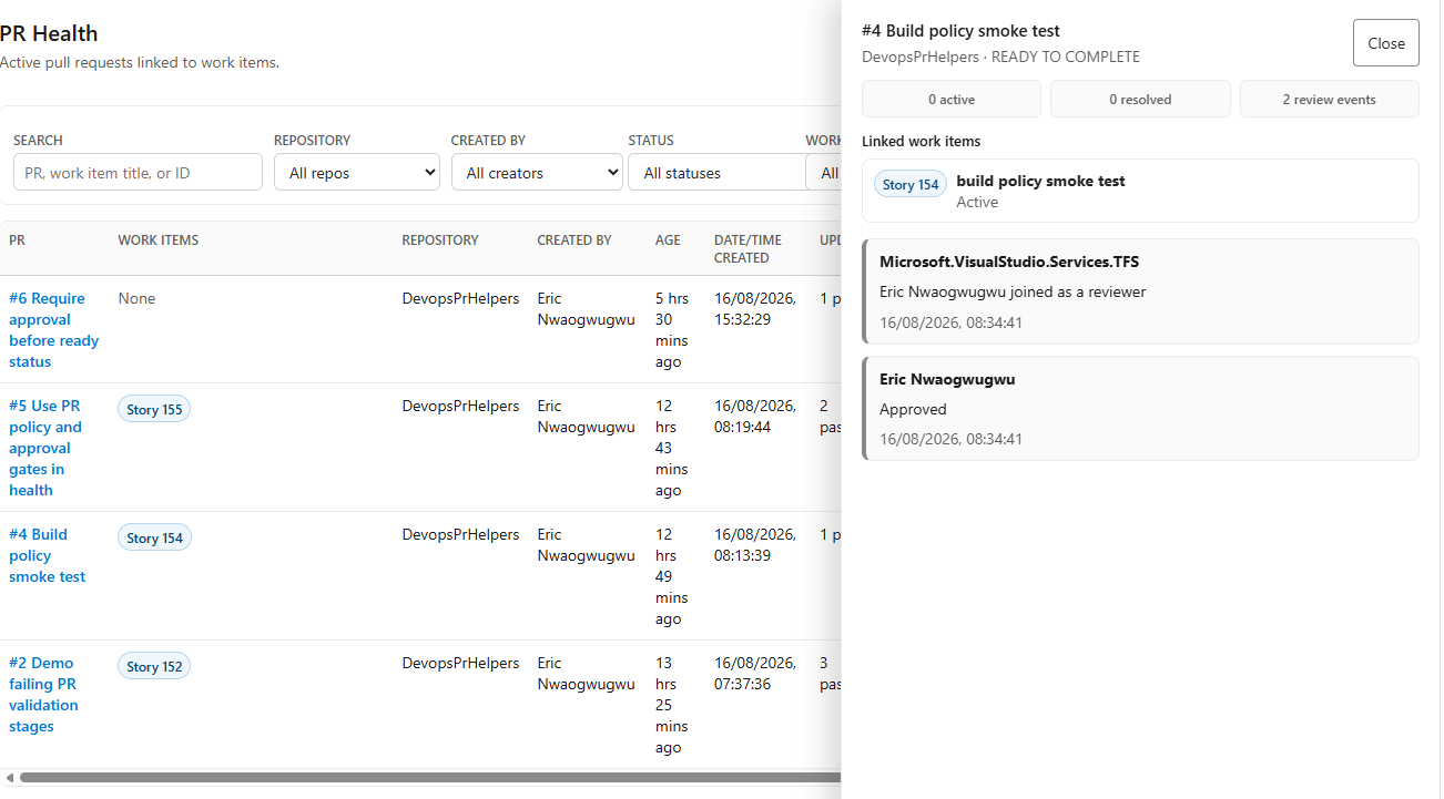 PR Health hub drawer with linked work item and review activity